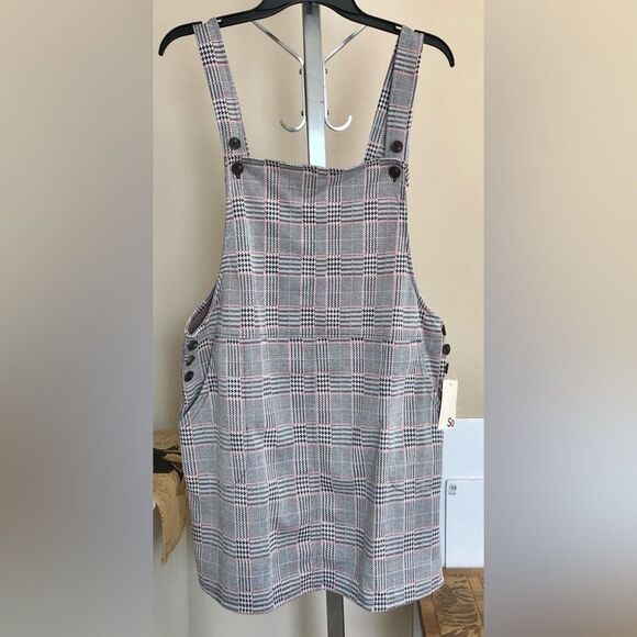 SO JUNIORS  PLAID OVERALL DRESS SIZE XL 4 POCKETS KNIT BUTTON STRAP - Picture 2 of 11